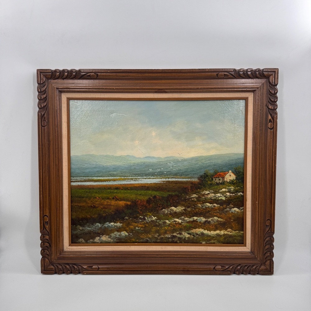 Vintage Signed Landscape Oil Painting by Chris Tyrrell in Carved Wood Frame